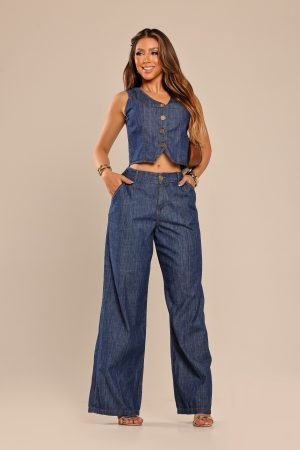 CONJUNTO CALÇA PANTALONA E COLETE SLIM ESCURO