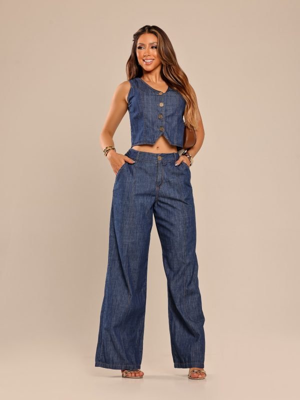 CONJUNTO CALÇA PANTALONA E COLETE SLIM ESCURO